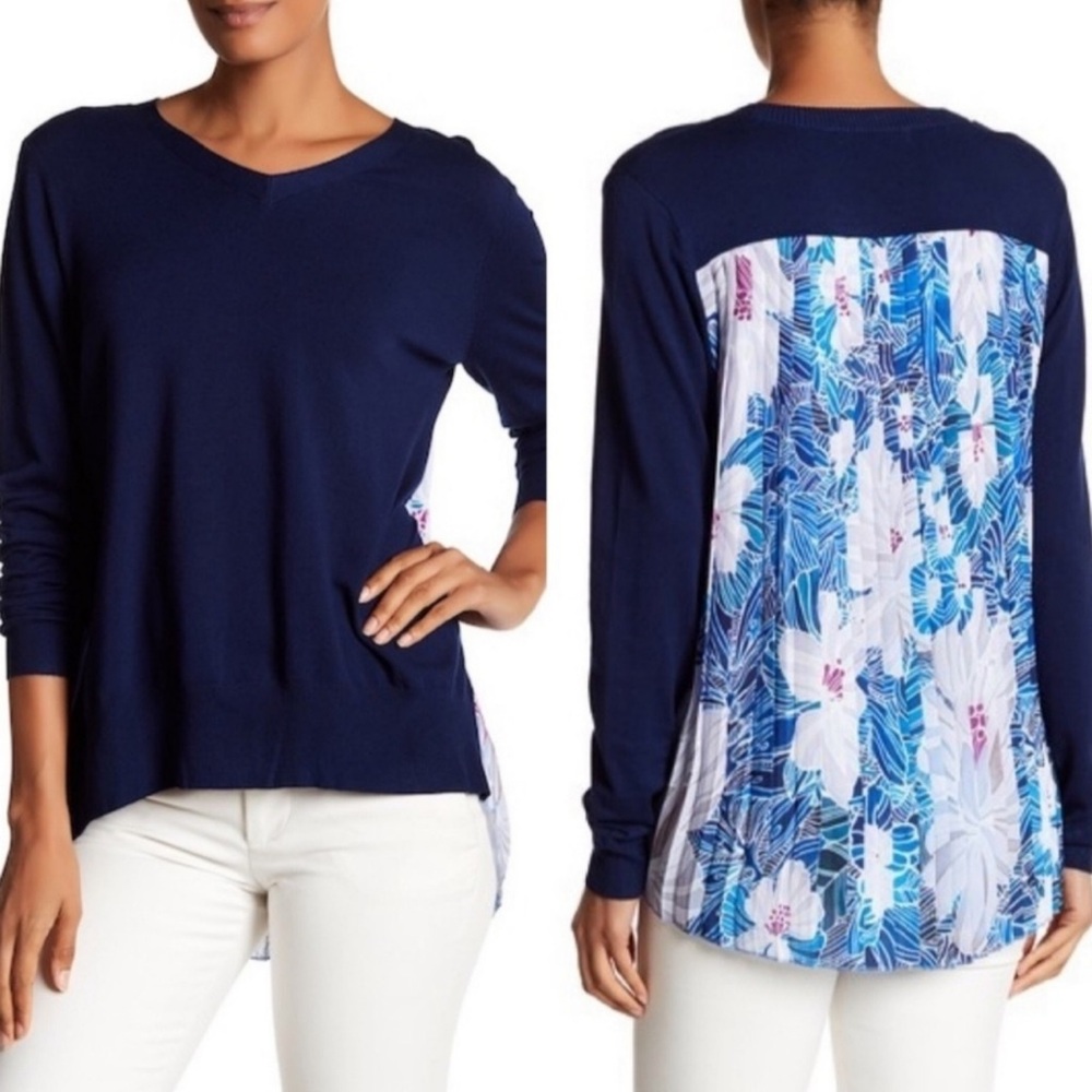 Robert Graham Dada Pleated Floral Mixed Media Navy V-Neck Sweater NWT-Small